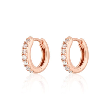 Rose Gold Huggie Hoop Earrings with Clear Stones
