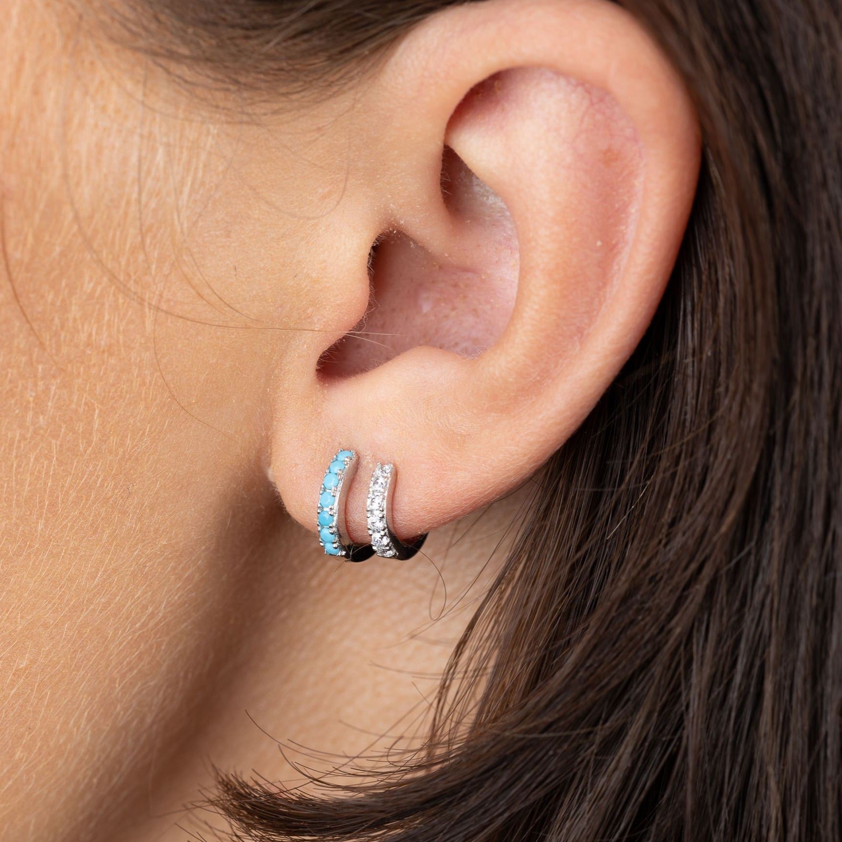 Mismatched Double Huggie Hoop Earrings with Turquoise Stones by Scream Pretty