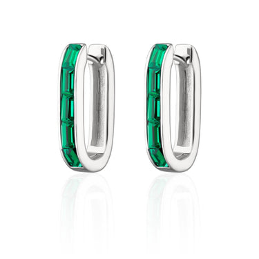 Oval Baguette Hoop Earrings with Green Stones