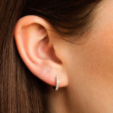 Rose Gold Huggie Hoop Earrings with Clear Stones