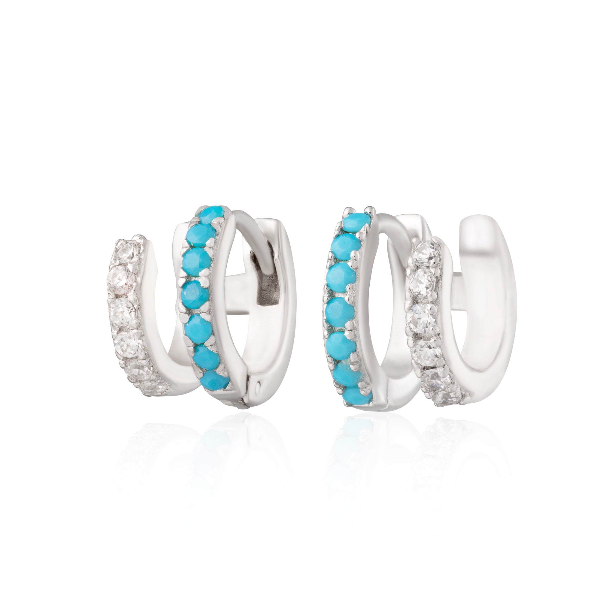 Mismatched Double Huggie Hoop Earrings with Turquoise Stones by Scream Pretty