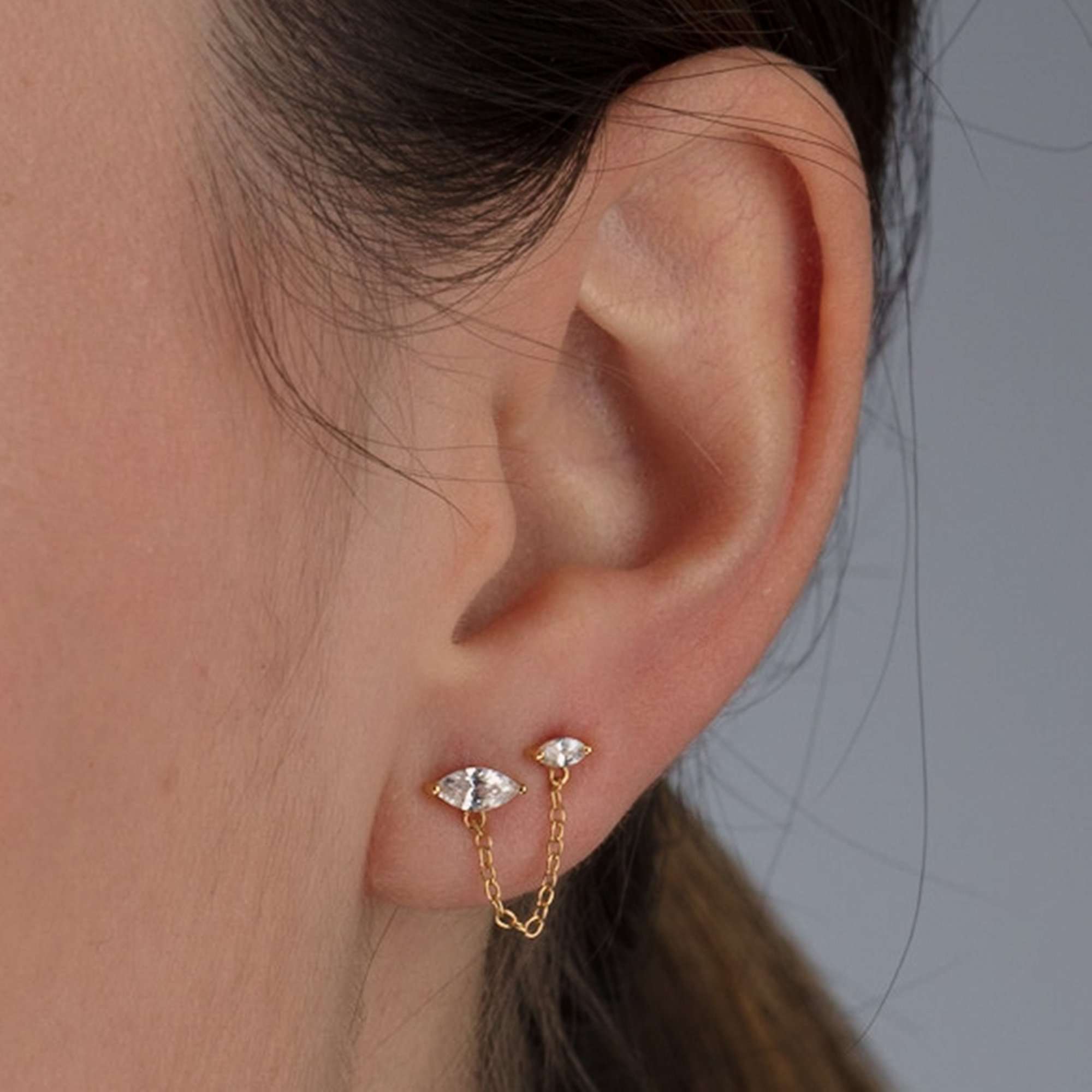  Droplet Double Stud Single Earring with Chain Connector - by Scream Pretty